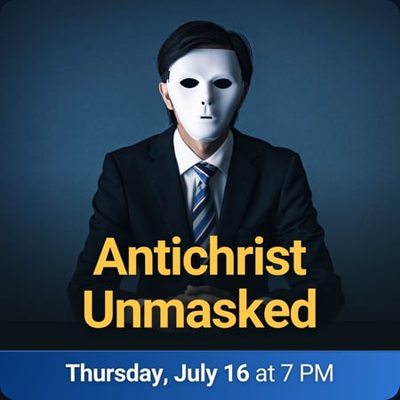 Antichrist Unmasked session graphic featuring a mysterious figure in a suit wearing a white mask, with the title 