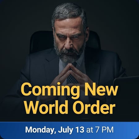 Coming New World Order session graphic featuring a man in a dark suit seated at a desk with the title 
