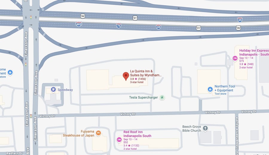 Map showing the location of the Discovering Revelation event at La Quinta Inn &amp; Suites, 5120 Victory Drive, Indianapolis, IN 46203, near Interstate 465 and Emerson Avenue.