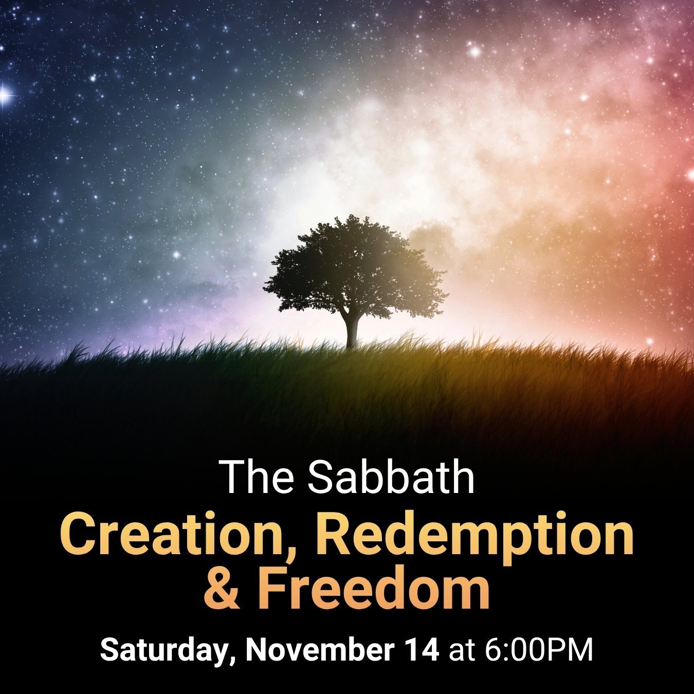 A lone tree stands silhouetted against a colorful, star-filled sky. Text reads “The Sabbath: Creation, Redemption & Freedom,” with the session scheduled for Saturday, November 14 at 6:00 PM.